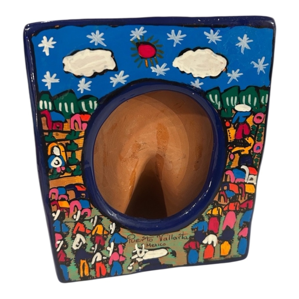 Vintage Hand painted Terracotta photo frame Self standing colorful Mexico folk
